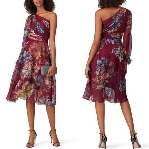 Marchesa Notte Burgundy Floral Print One Shoulder Chiffon‎ Midi Dress Size 2 - Picture 8 of 14